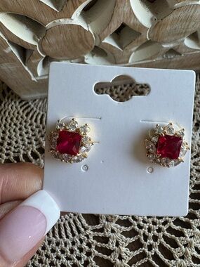Gold-Tone Red Square Crystal Halo Stud Earrings